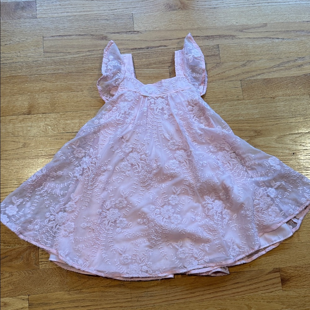 Pink Lace Dress with Flutter Sleeves